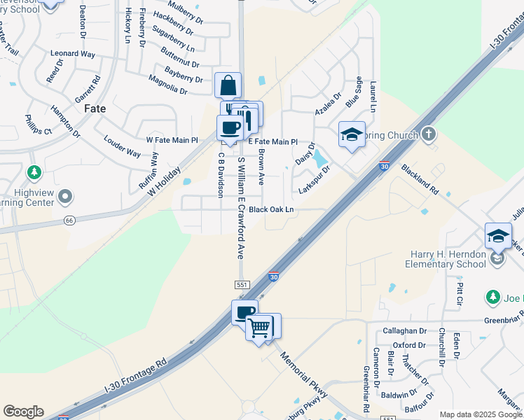 map of restaurants, bars, coffee shops, grocery stores, and more near 400 Brown Avenue in Royse City