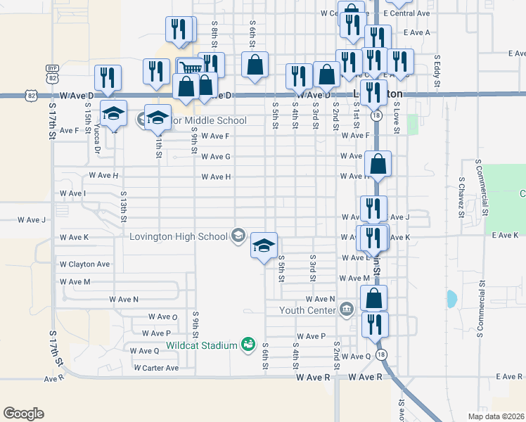 map of restaurants, bars, coffee shops, grocery stores, and more near 603 West Avenue I in Lovington