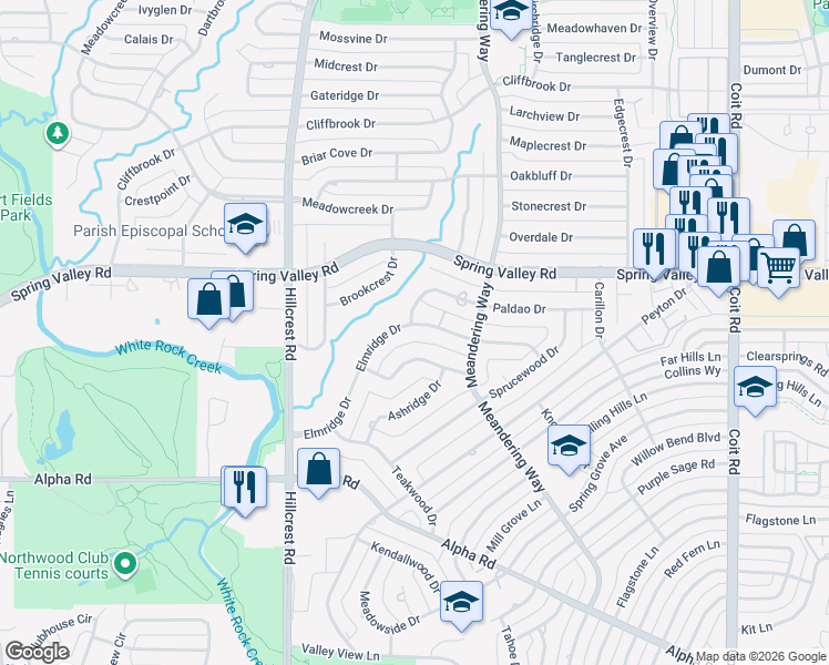 map of restaurants, bars, coffee shops, grocery stores, and more near 7155 Elmridge Drive in Dallas
