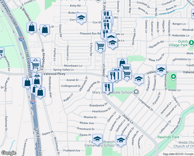 map of restaurants, bars, coffee shops, grocery stores, and more near in Farmers Branch