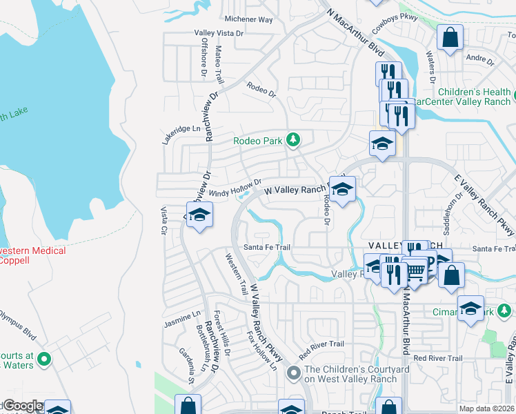 map of restaurants, bars, coffee shops, grocery stores, and more near 9670 Valley Ranch Parkway West in Irving