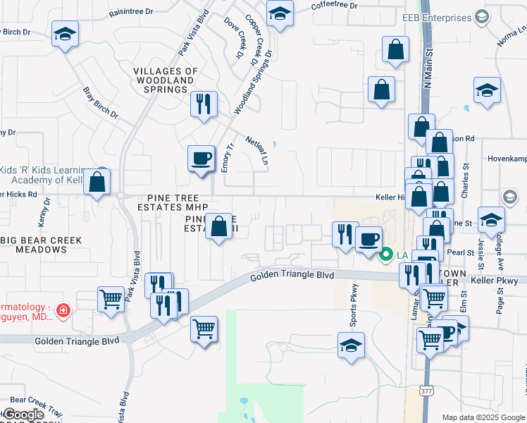 map of restaurants, bars, coffee shops, grocery stores, and more near 4500 Keller Hicks Road in Fort Worth
