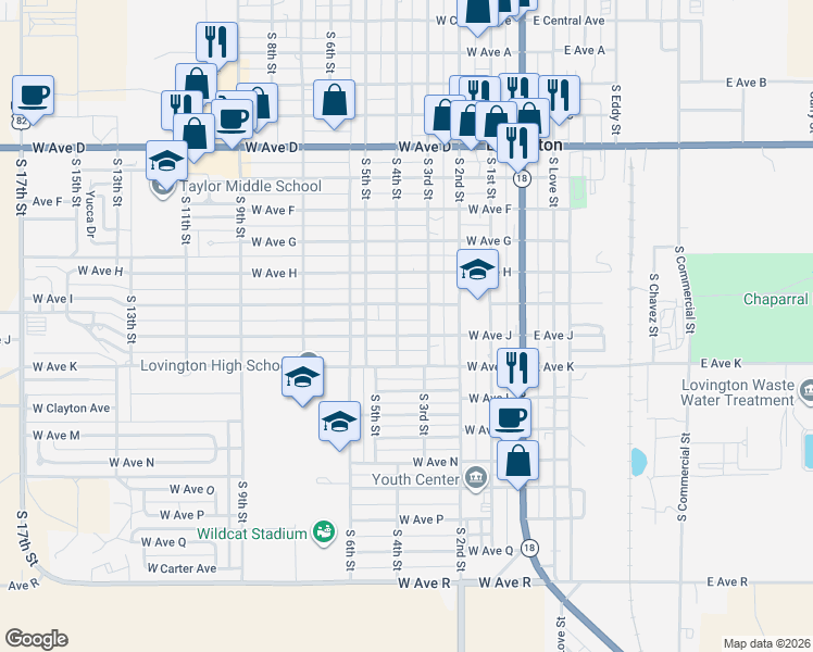 map of restaurants, bars, coffee shops, grocery stores, and more near 401 West Avenue I in Lovington