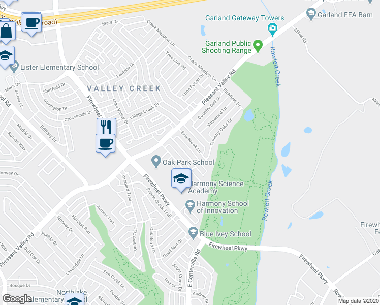 map of restaurants, bars, coffee shops, grocery stores, and more near 2320 Forestbrook Drive in Garland