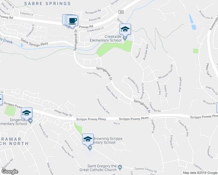map of restaurants, bars, coffee shops, grocery stores, and more near 11660 Aspen View Drive in San Diego