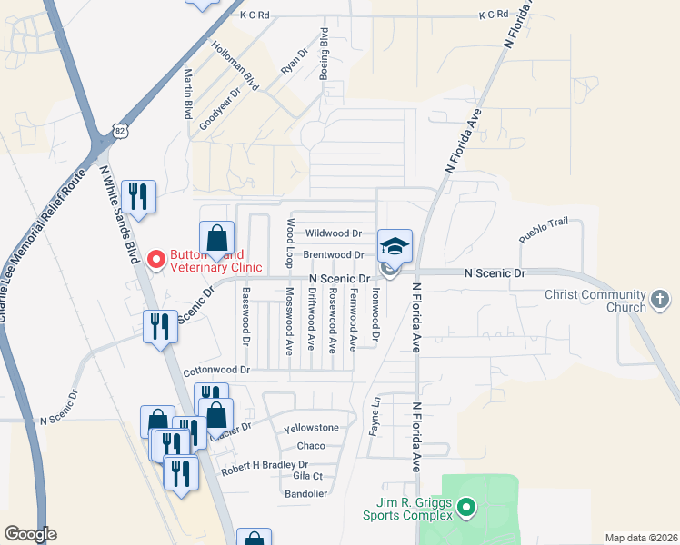 map of restaurants, bars, coffee shops, grocery stores, and more near 420 Brentwood Drive in Alamogordo