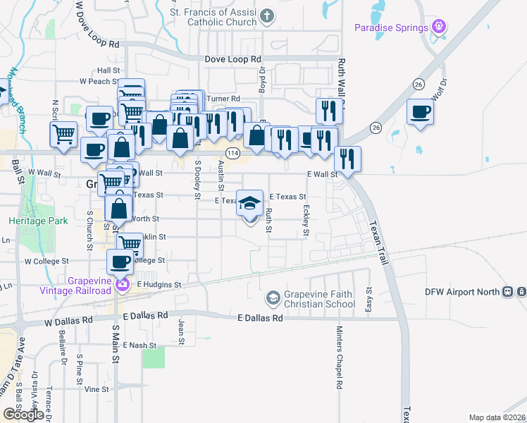 map of restaurants, bars, coffee shops, grocery stores, and more near 308 Ruth Street in Grapevine