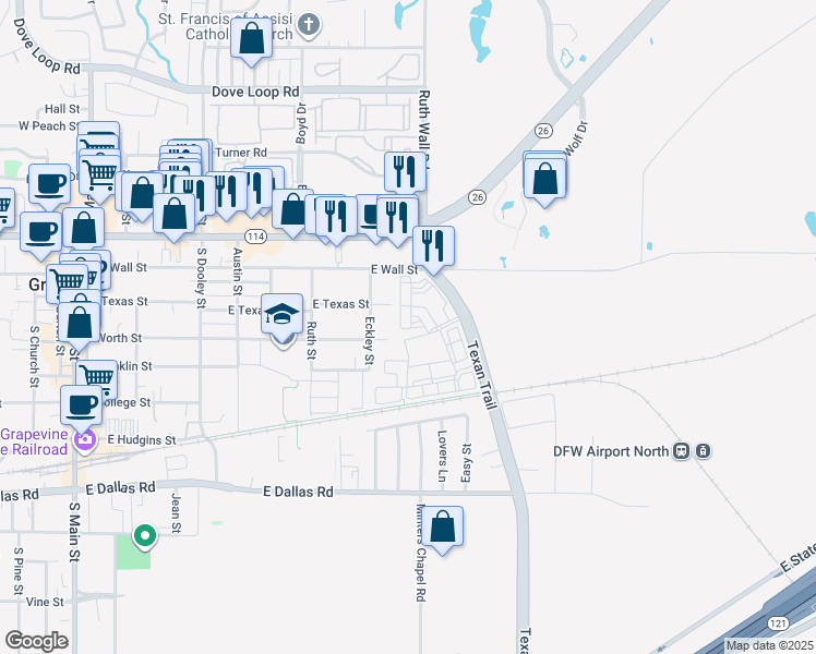 map of restaurants, bars, coffee shops, grocery stores, and more near 1020 Texan Trail in Grapevine