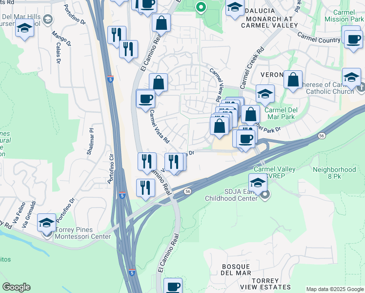 map of restaurants, bars, coffee shops, grocery stores, and more near 3731 Caminito Carmel Landing in San Diego