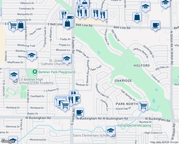 map of restaurants, bars, coffee shops, grocery stores, and more near 2430 Beaver Run in Garland