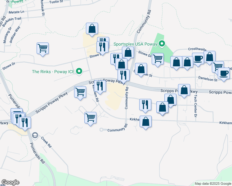 map of restaurants, bars, coffee shops, grocery stores, and more near 12880 Gregg Court in Poway