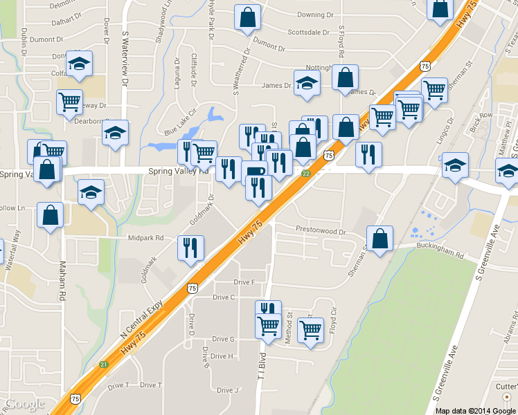 map of restaurants, bars, coffee shops, grocery stores, and more near 13937 North Central Expressway in Dallas