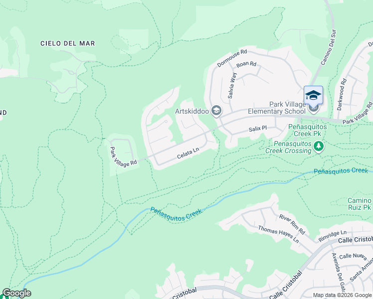 map of restaurants, bars, coffee shops, grocery stores, and more near 7395 Park Village Road in San Diego