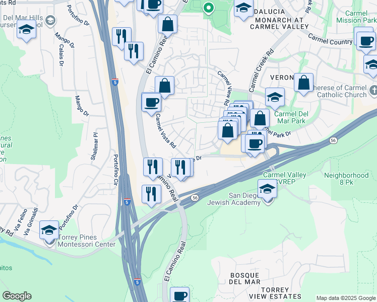 map of restaurants, bars, coffee shops, grocery stores, and more near 12214 Caminito Del Mar Sands in San Diego