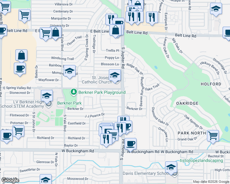 map of restaurants, bars, coffee shops, grocery stores, and more near 701 Rams Court in Richardson