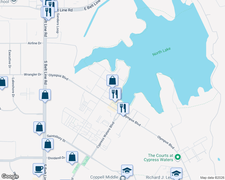 map of restaurants, bars, coffee shops, grocery stores, and more near 9655 Wharf Road in Coppell