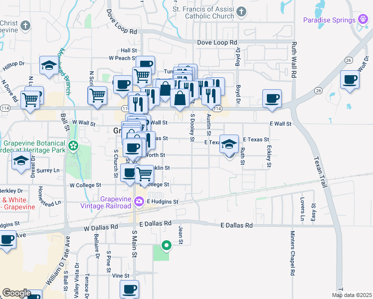 map of restaurants, bars, coffee shops, grocery stores, and more near 418 East Texas Street in Grapevine