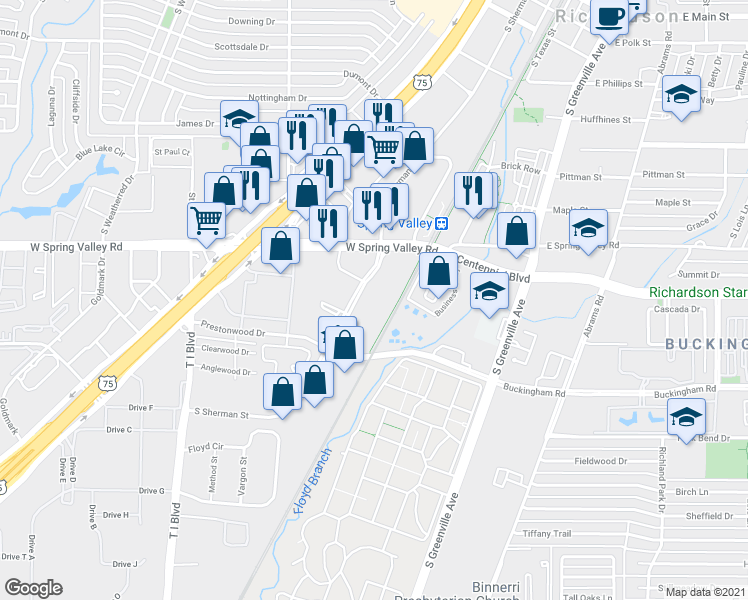 map of restaurants, bars, coffee shops, grocery stores, and more near 1055 Sherman Street in Richardson