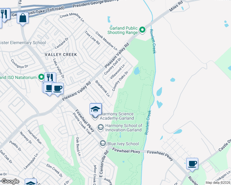 map of restaurants, bars, coffee shops, grocery stores, and more near 2034 Country Oaks Drive in Garland