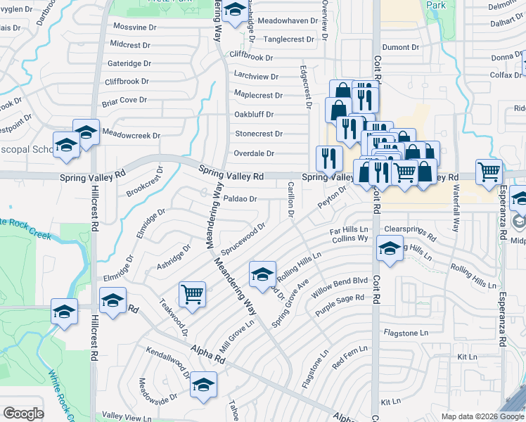 map of restaurants, bars, coffee shops, grocery stores, and more near 7370 Paldao Drive in Dallas