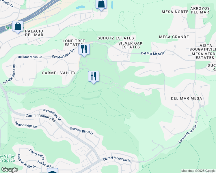 map of restaurants, bars, coffee shops, grocery stores, and more near Grand Del Mar Court in San Diego