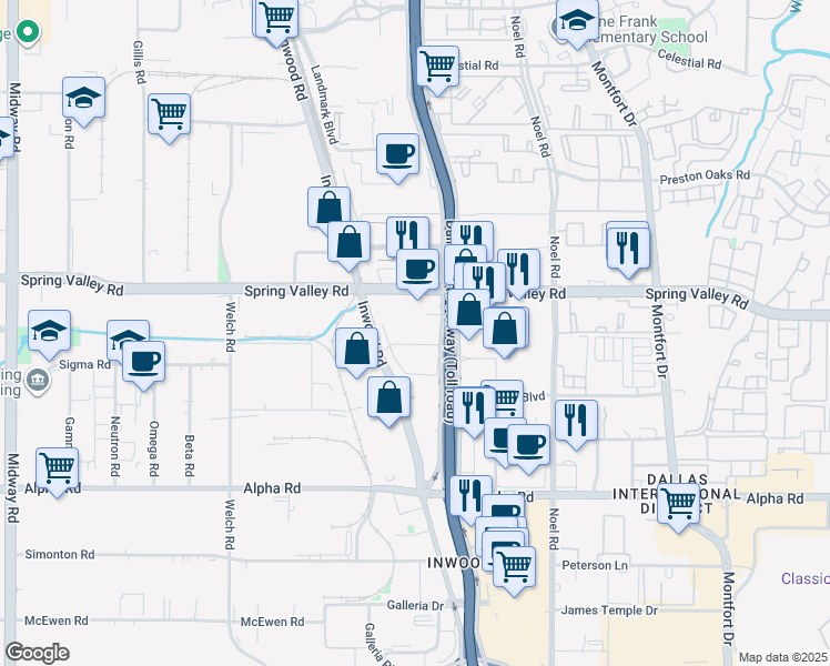 map of restaurants, bars, coffee shops, grocery stores, and more near 14175 Dallas Parkway in Dallas