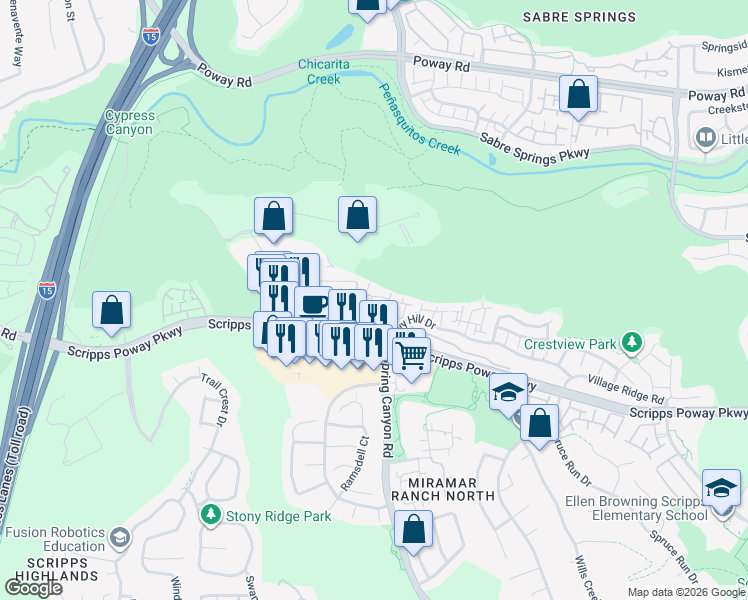 map of restaurants, bars, coffee shops, grocery stores, and more near 10725 Wexford Street in San Diego