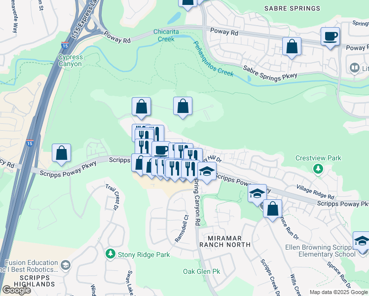map of restaurants, bars, coffee shops, grocery stores, and more near 10685 Wexford Street in San Diego