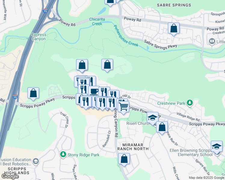 map of restaurants, bars, coffee shops, grocery stores, and more near 10695 Wexford Street in San Diego