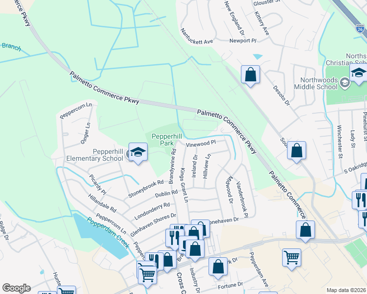 map of restaurants, bars, coffee shops, grocery stores, and more near 3288 Vinewood Place in North Charleston