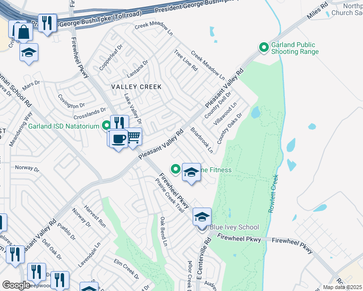 map of restaurants, bars, coffee shops, grocery stores, and more near 2416 Country Hollow Lane in Garland