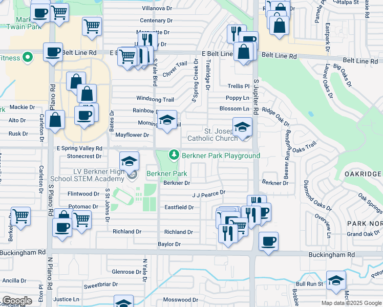 map of restaurants, bars, coffee shops, grocery stores, and more near 1904 East Spring Valley Road in Richardson