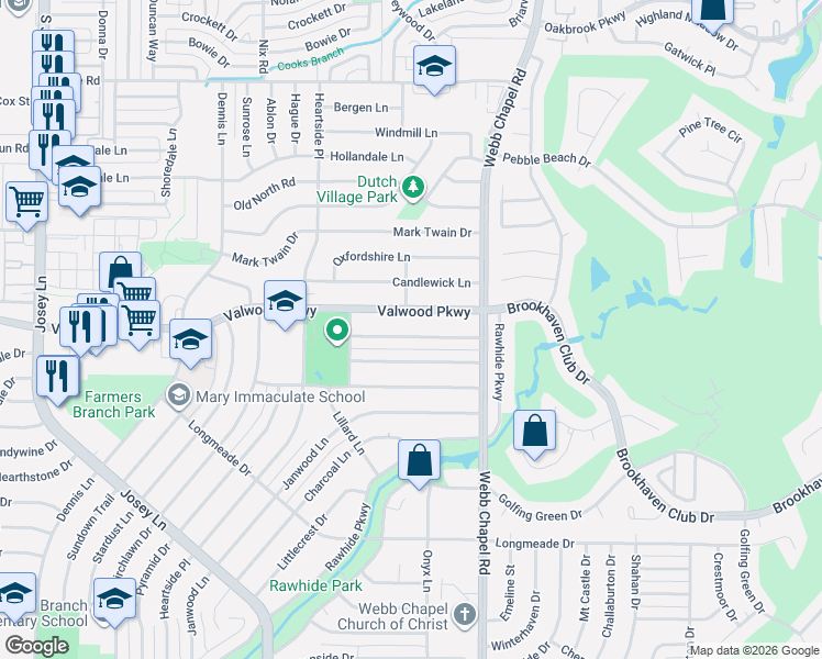 map of restaurants, bars, coffee shops, grocery stores, and more near 3004 Valwood Parkway in Farmers Branch