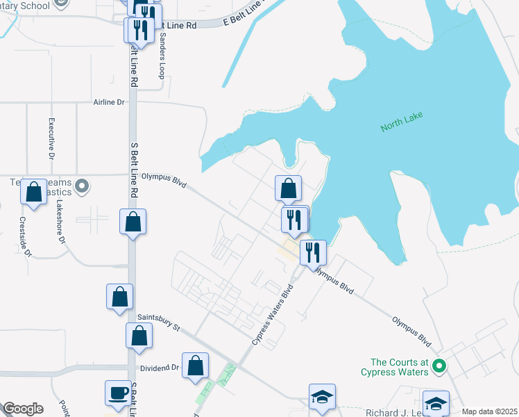map of restaurants, bars, coffee shops, grocery stores, and more near 3344 Bleecker Street in Coppell
