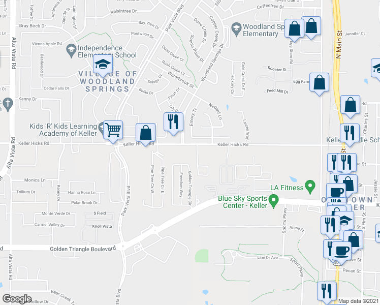 map of restaurants, bars, coffee shops, grocery stores, and more near 4408 Keller Hicks Road in Fort Worth