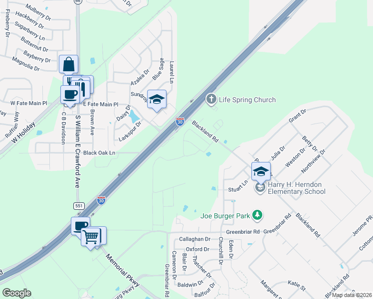 map of restaurants, bars, coffee shops, grocery stores, and more near 6000 Interstate 30 Frontage Road in Royse City