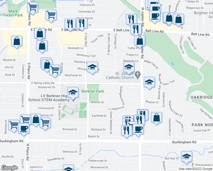 map of restaurants, bars, coffee shops, grocery stores, and more near 1904 East Spring Valley Road in Richardson