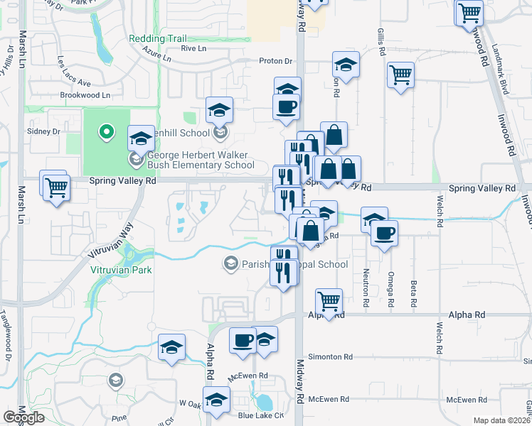 map of restaurants, bars, coffee shops, grocery stores, and more near 4007 Parkside Center Boulevard in Farmers Branch