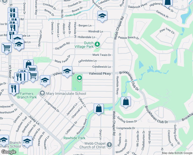 map of restaurants, bars, coffee shops, grocery stores, and more near 3004 Valwood Parkway in Farmers Branch