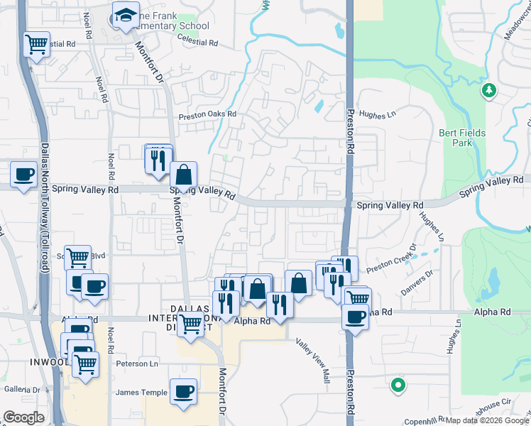 map of restaurants, bars, coffee shops, grocery stores, and more near 5704 Spring Valley Road in Dallas