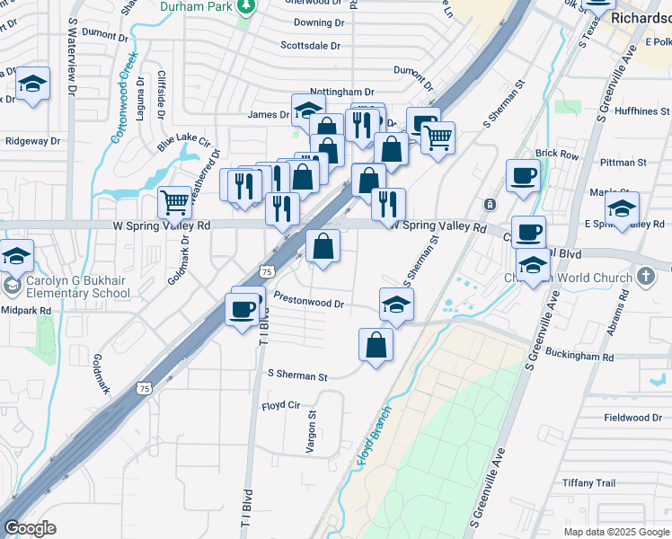 map of restaurants, bars, coffee shops, grocery stores, and more near 901 S Central Expy in Richardson