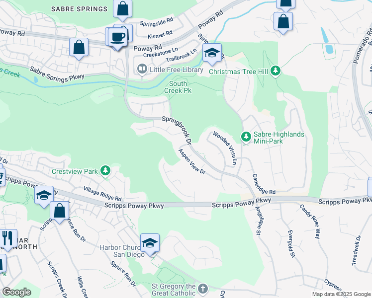 map of restaurants, bars, coffee shops, grocery stores, and more near 11616-11660 Aspen View Drive in San Diego