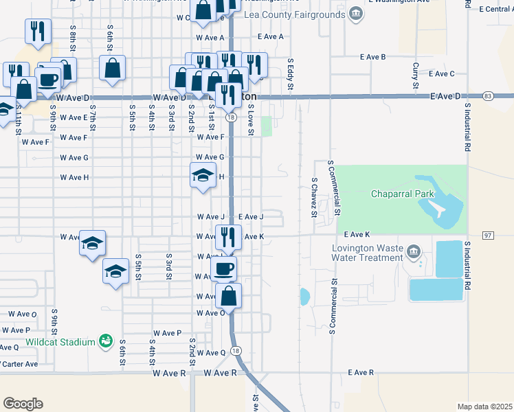 map of restaurants, bars, coffee shops, grocery stores, and more near 1013 South Love Street in Lovington