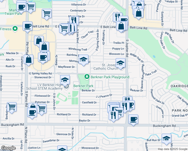 map of restaurants, bars, coffee shops, grocery stores, and more near 1904 East Spring Valley Road in Richardson