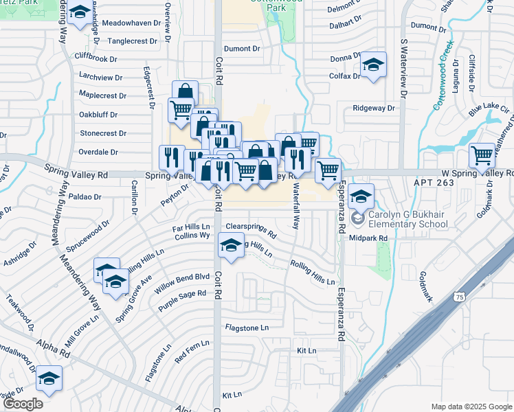 map of restaurants, bars, coffee shops, grocery stores, and more near 8115 Greenhollow Lane in Dallas