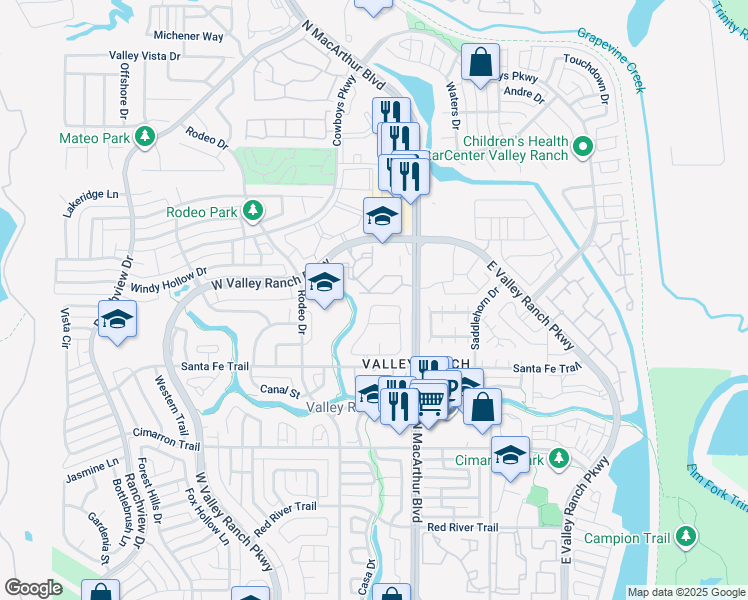 map of restaurants, bars, coffee shops, grocery stores, and more near 519 Las Cruces Drive in Irving
