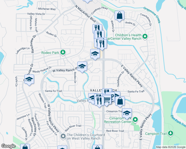 map of restaurants, bars, coffee shops, grocery stores, and more near 519 Las Cruces Drive in Irving