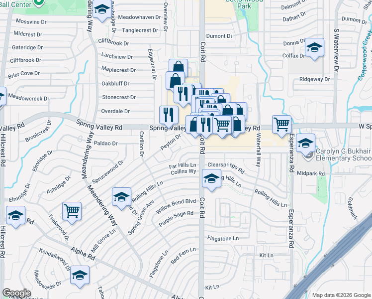 map of restaurants, bars, coffee shops, grocery stores, and more near 14034 Peyton Drive in Dallas
