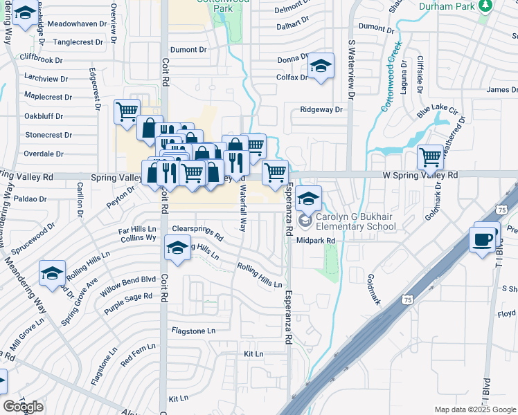 map of restaurants, bars, coffee shops, grocery stores, and more near 8202 West Spring Valley Road in Dallas