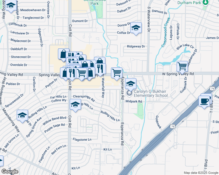 map of restaurants, bars, coffee shops, grocery stores, and more near 8202 West Spring Valley Road in Dallas